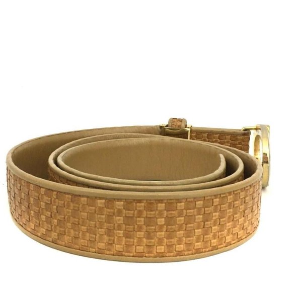 Dior Camel Intrecciato Leather Belt w Oval Two-Tone Buckle - Picture 5 of 9
